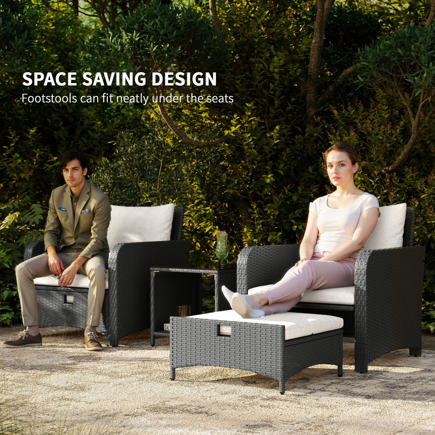 Outsunny Five Piece Rattan Garden Furniture Set With Two Tier Coffee Table And Ottomans Cream White