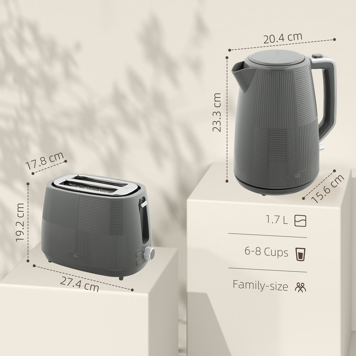 HOMCOM Grey Kettle And Toaster Set 1.7L 3000W Fast Boil Kettle 2 Slice Toaster With 7 Level Browning Boil Dry Protection