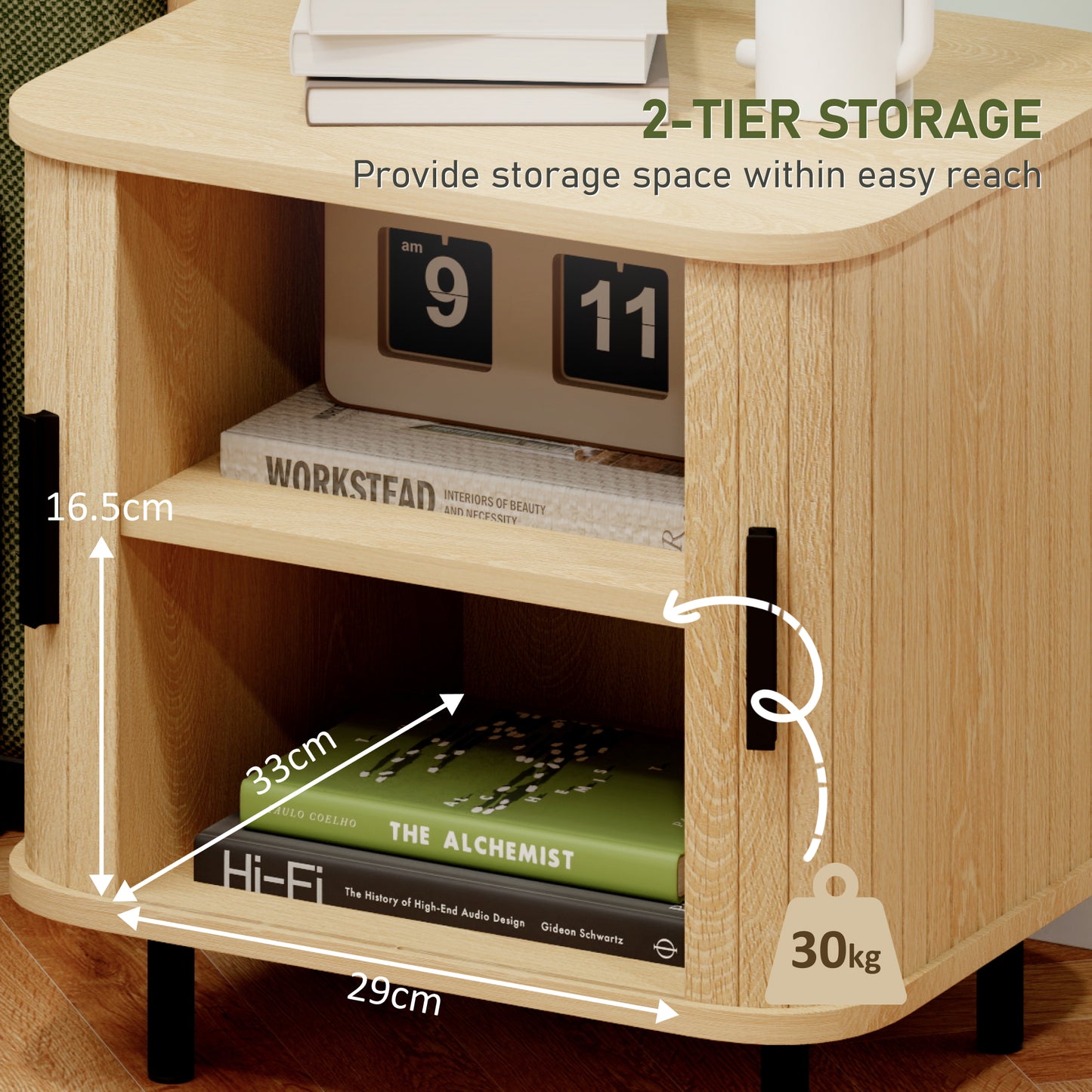 HOMCOM Nightstand With Sliding Doors And Metal Legs Oak Tone Nordic Style Bedside Table With 2 Tier Storage