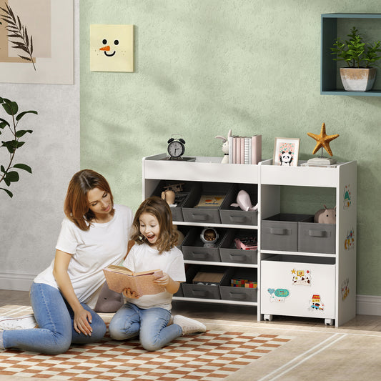 AIYAPLAY Kids Toy Storage Unit With 11 Fabric Bins Cabinet And Top Shelves White For Nursery And Playroom
