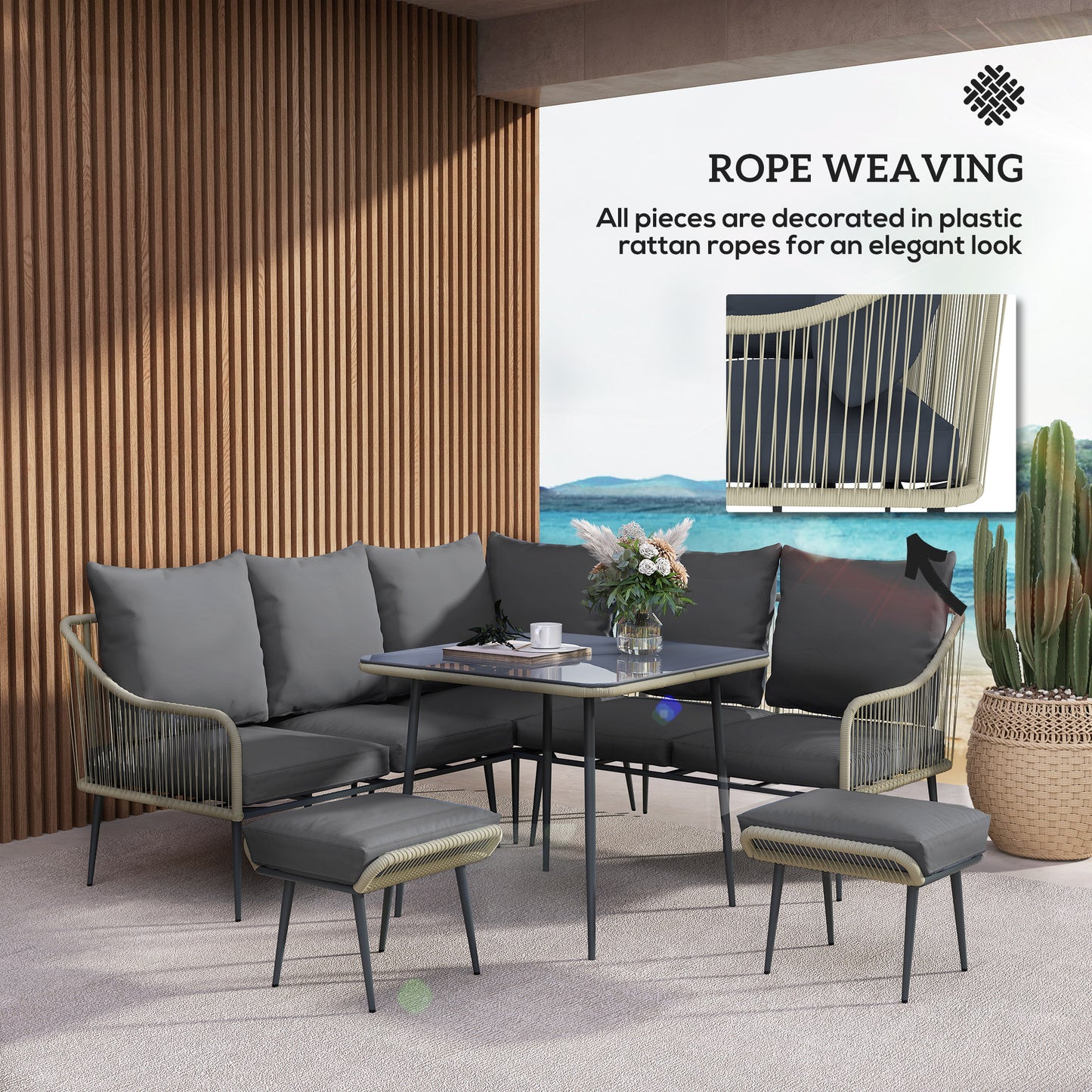 Outsunny Six Piece Rattan Garden Sofa Set Grey With Square Table And Footstools