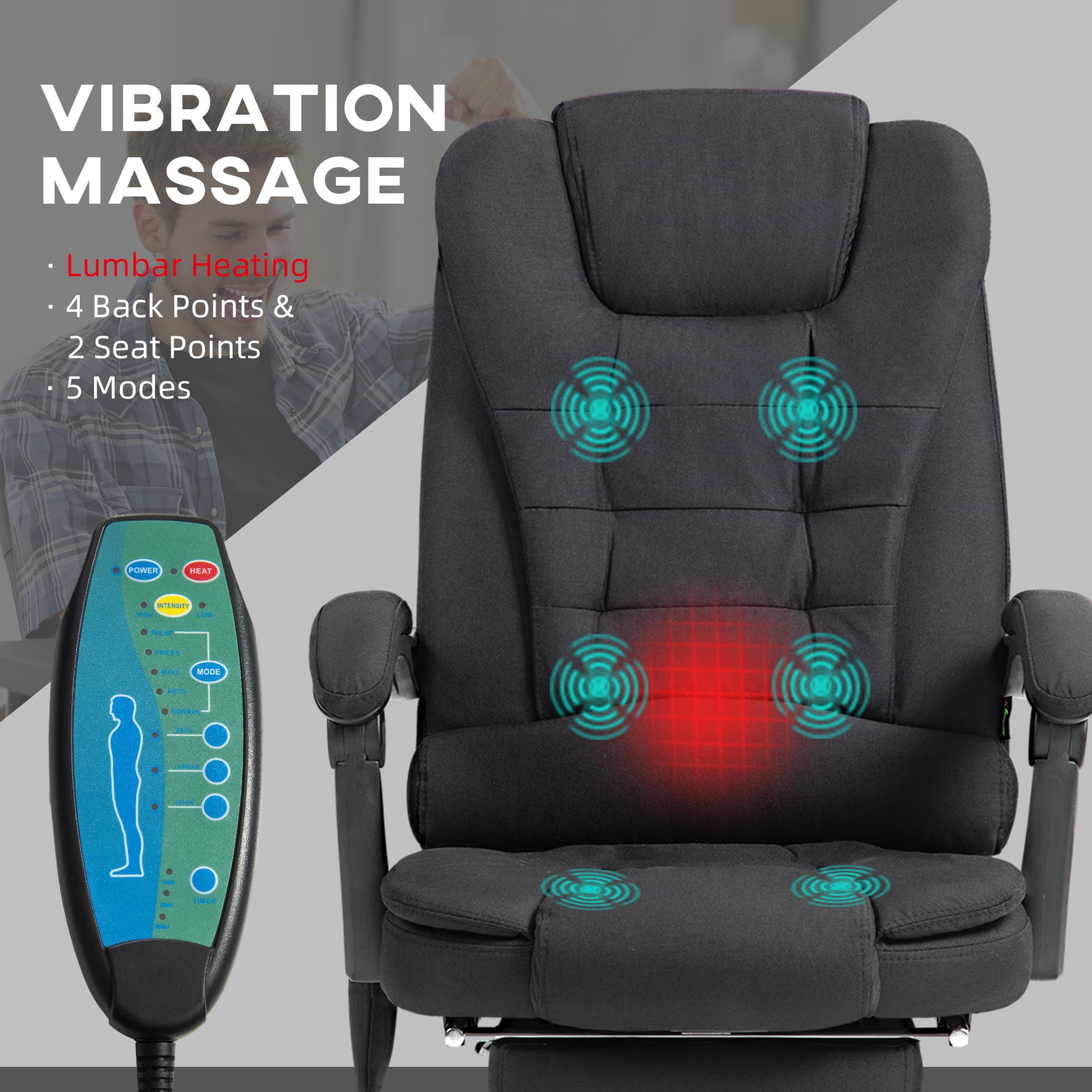 Vinsetto Heated Massage Office Chair with 6 Vibration Points and Reclining Feature - Black - ALL4U RETAILER LTD