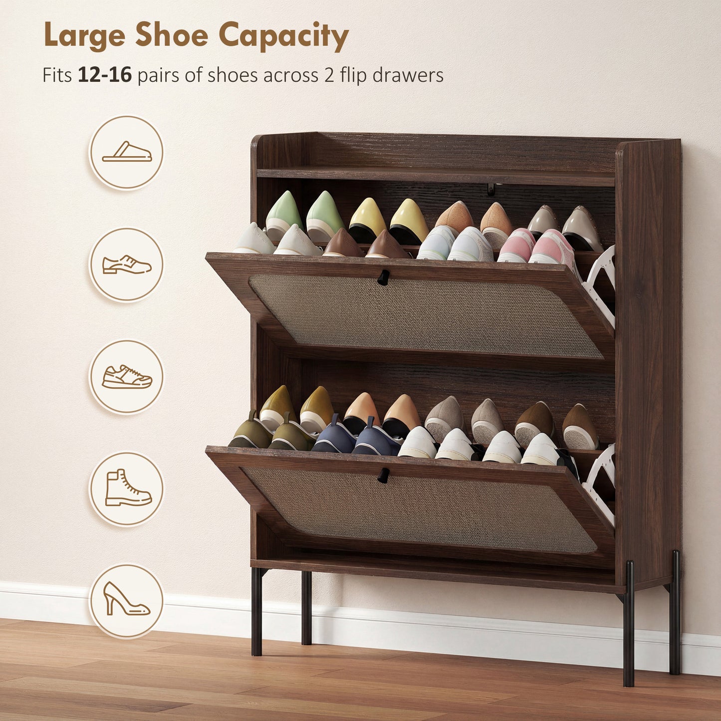 HOMCOM Narrow Shoe Cabinet With 2 Flip Drawers Boho Style Dark Brown Hallway Storage Adjustable Shelves