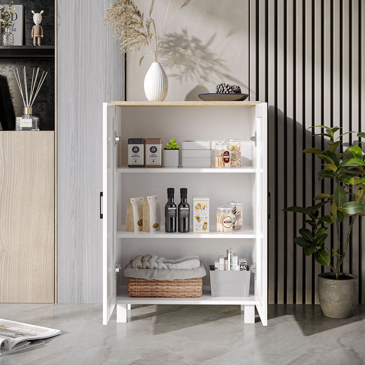 White two-door cabinet with open shelving and visible interior compartments