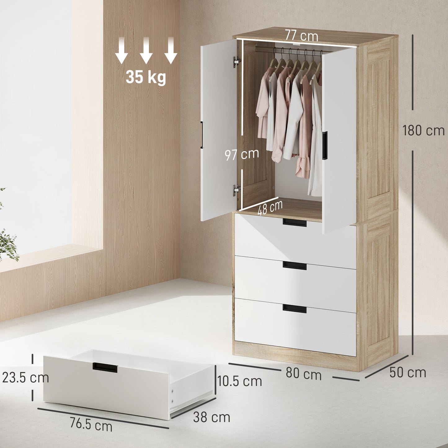 HOMCOM Modern Oak And White Wardrobe With Hanging Rod 3 Drawer 2 Door Storage Cupboard