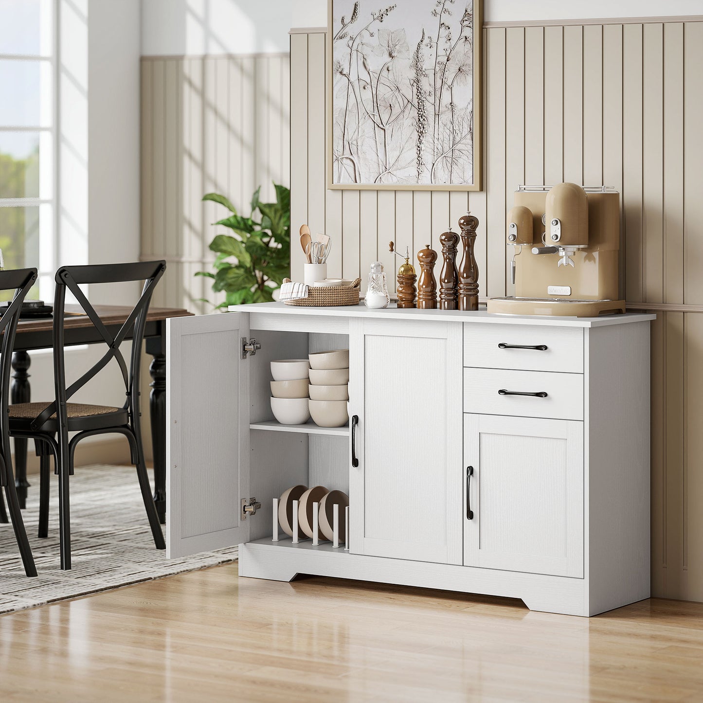 HOMCOM Sideboard With 2 Drawers And 3 Doors White Modern Storage Cabinet Kitchen Cupboard With Adjustable Shelf