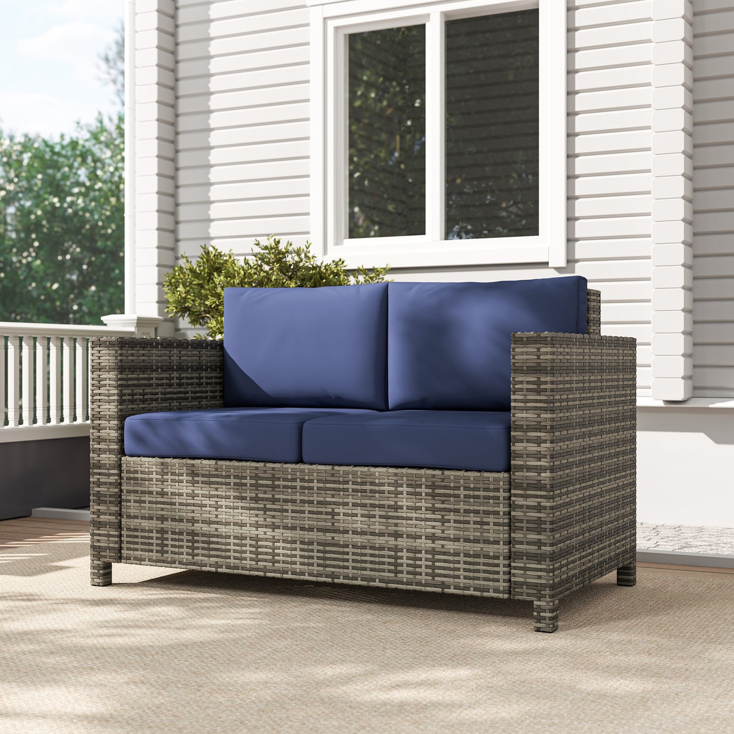 Outsunny Rattan Sofa 2 Seater Garden Furniture Wicker Loveseat With Soft Padded Cushions And Armrests Navy Blue