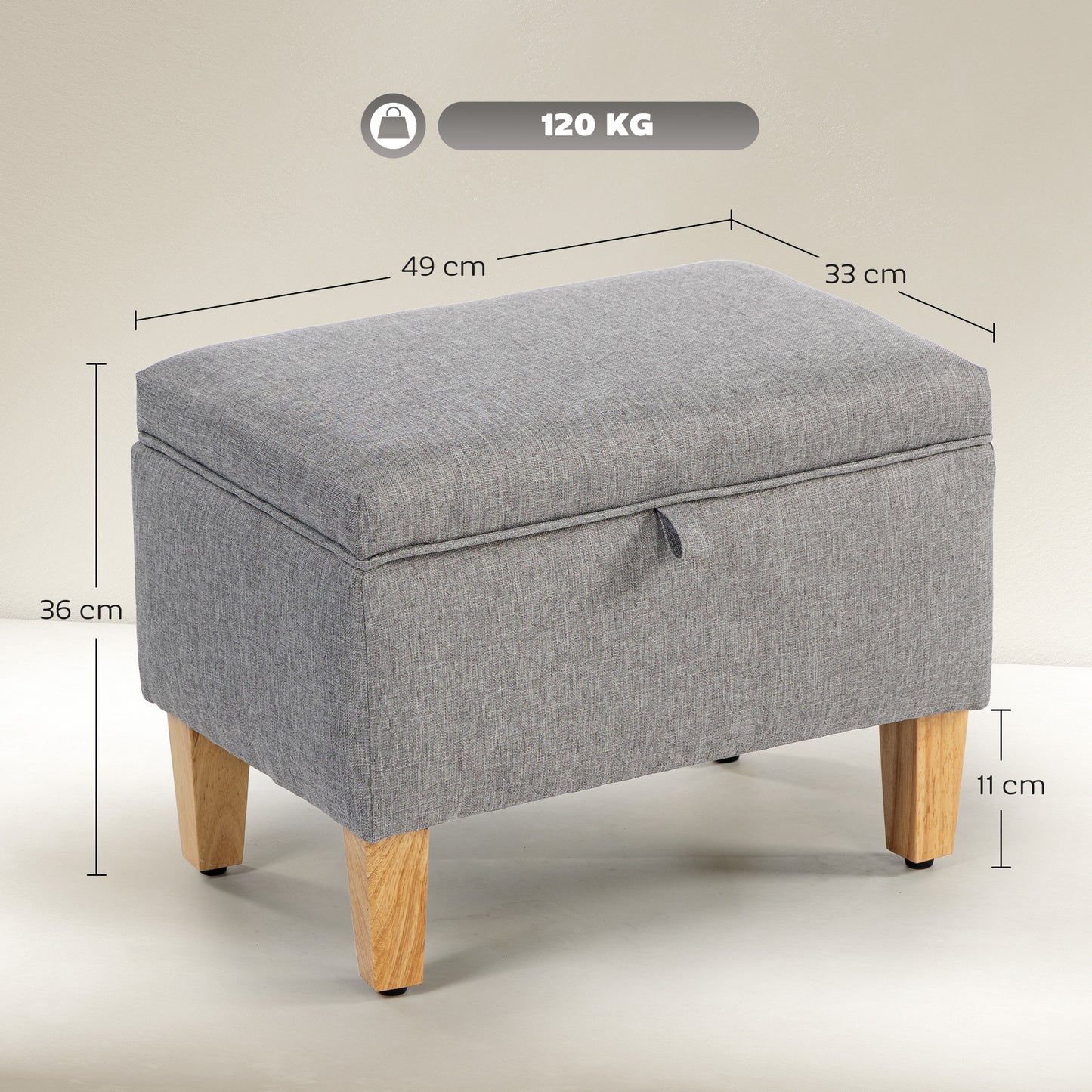HOMCOM Linen Storage Ottoman 16L Padded Footstool With Rubberwood Legs For Storage Bed End Shoe Bench Seating Light Grey
