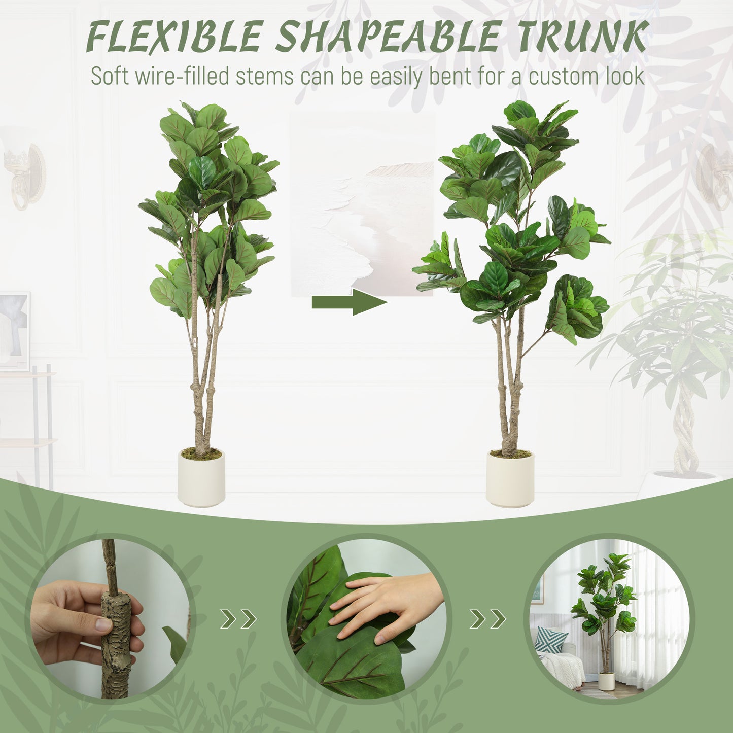 HOMCOM 180cm Artificial Fiddle Leaf Fig Tree White Cement Planter Realistic Leaves Textured Trunk
