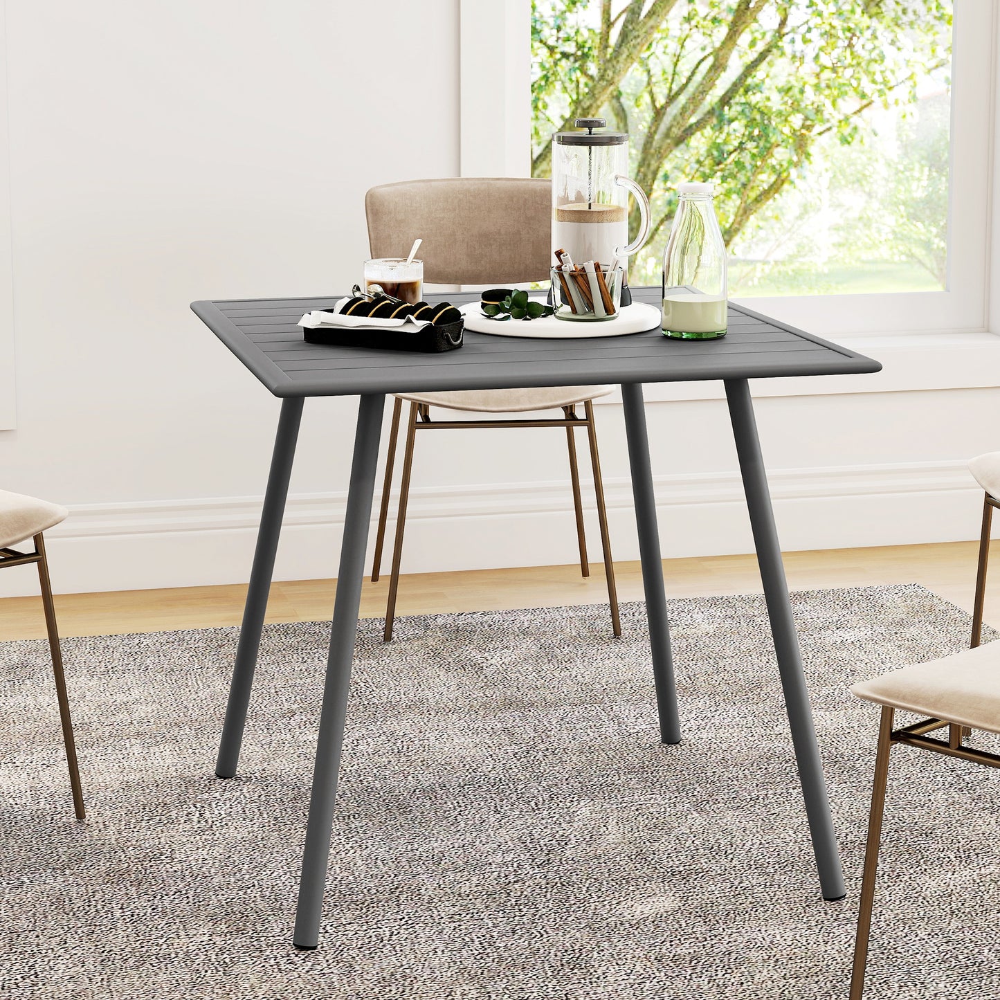 Outsunny Square Garden Table With Slat Top And Steel Frame For Four People 80 x 80 x 74 cm Grey
