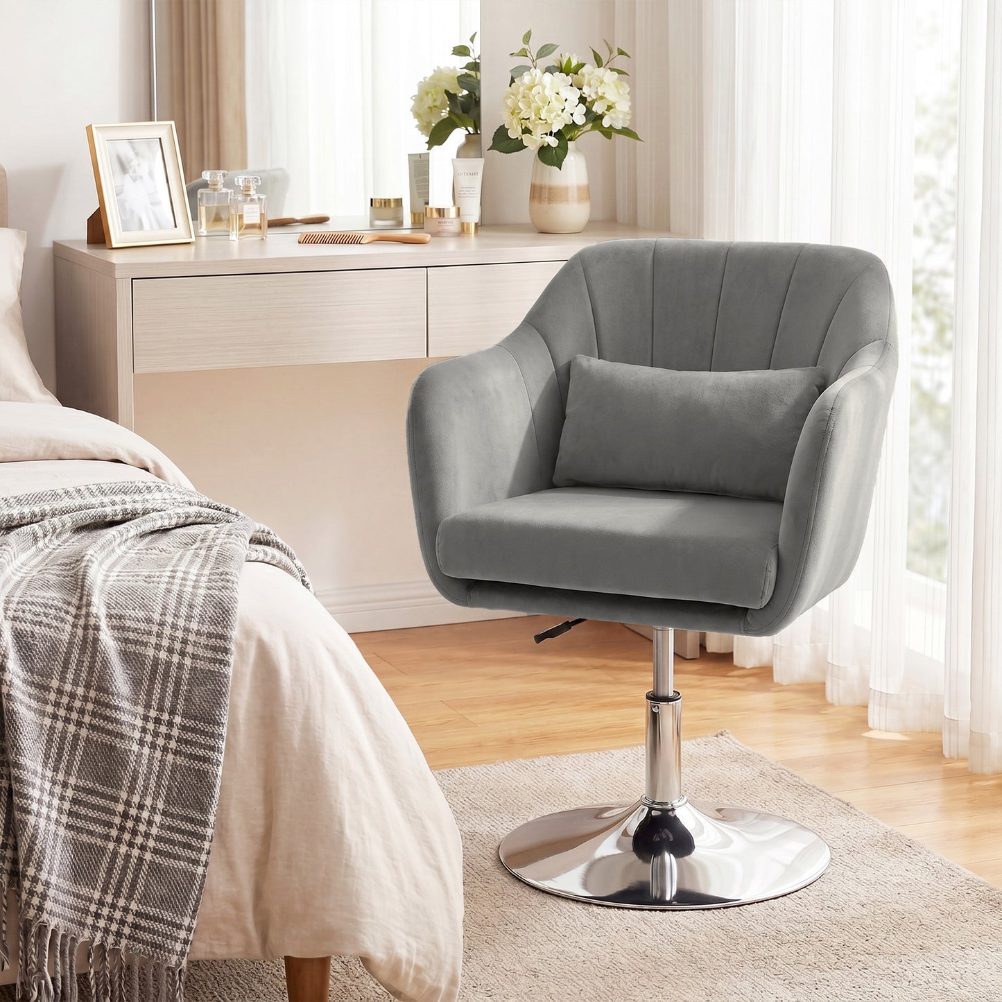 HOMCOM Retro Velvet Swivel Tub Chair With Steel Frame Cushioned Seat And Armrests Grey