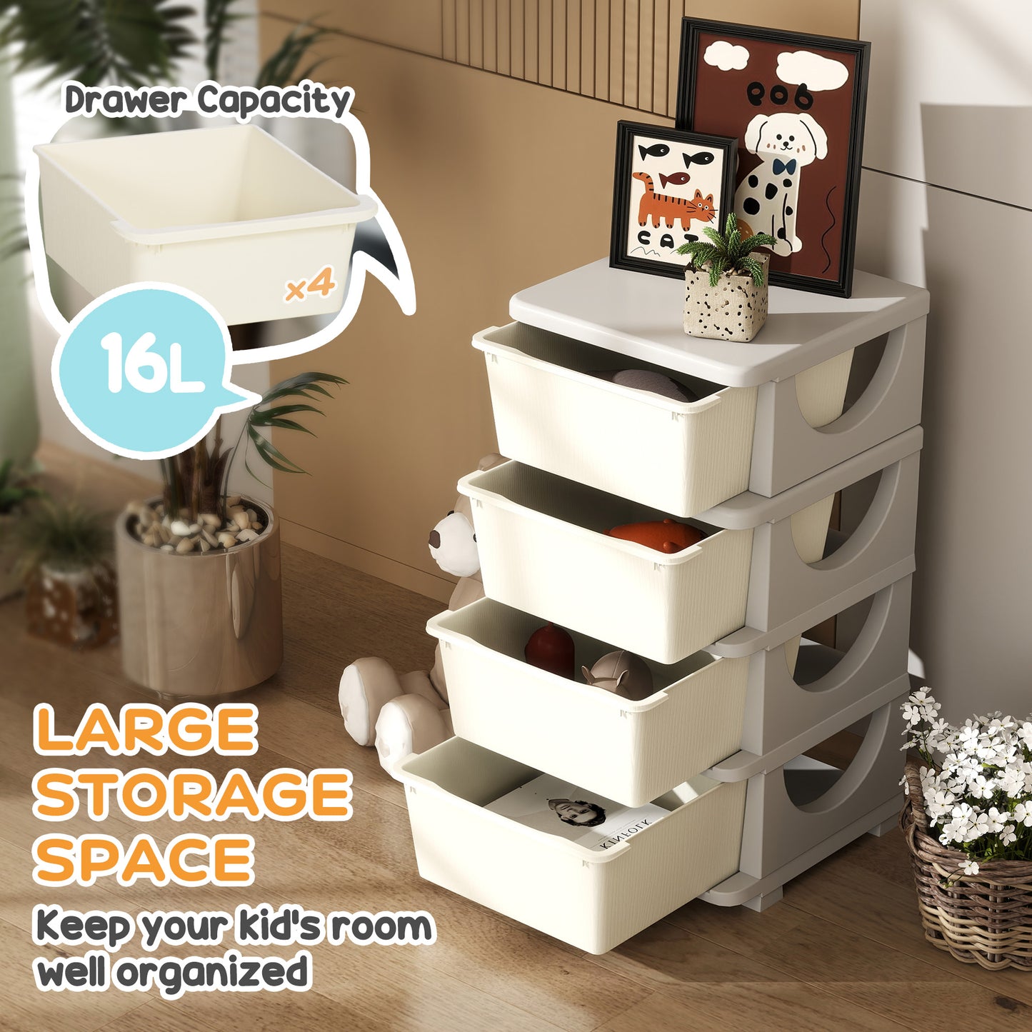 HOMCOM Four Tier Kids Storage Boxes With Four Drawers White PP Material Toy Organizer For Playroom