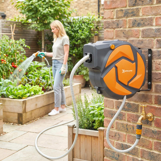 Durhand 10m Garden Hose Reel Wall Mounted Auto Rewind With 7 Pattern Spray Nozzle Orange Includes Wall Fixings