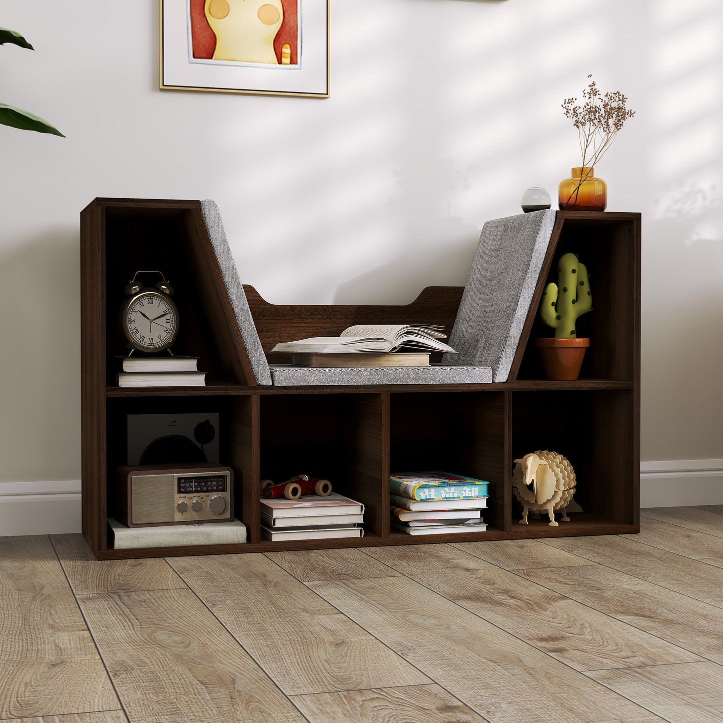 HOMCOM Cube Bookshelf Organizer With Cushioned Reading Seat Storage Shelf Chestnut For Bedroom And Living Room