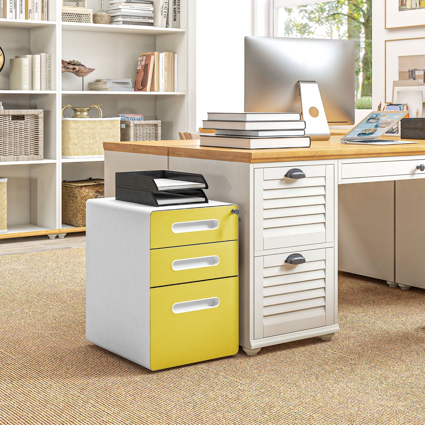 Vinsetto Yellow Steel Filing Cabinet with Lock, 3 Drawers and Wheels for A4, Letter, Legal Files - ALL4U RETAILER LTD