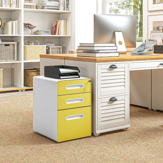 Vinsetto Yellow Steel Filing Cabinet with Lock, 3 Drawers and Wheels for A4, Letter, Legal Files - ALL4U RETAILER LTD