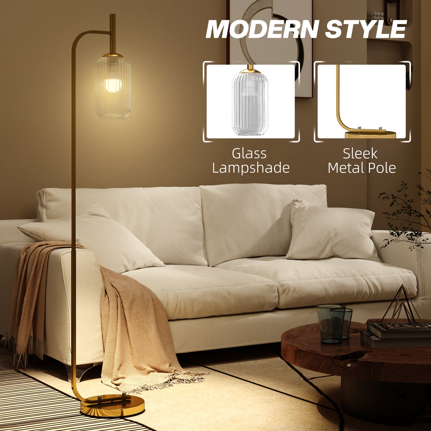 HOMCOM LED Floor Lamp With Glass Lampshade Modern Standing Lamp Foot Switch Adjustable Brightness 2700K Gold Tone