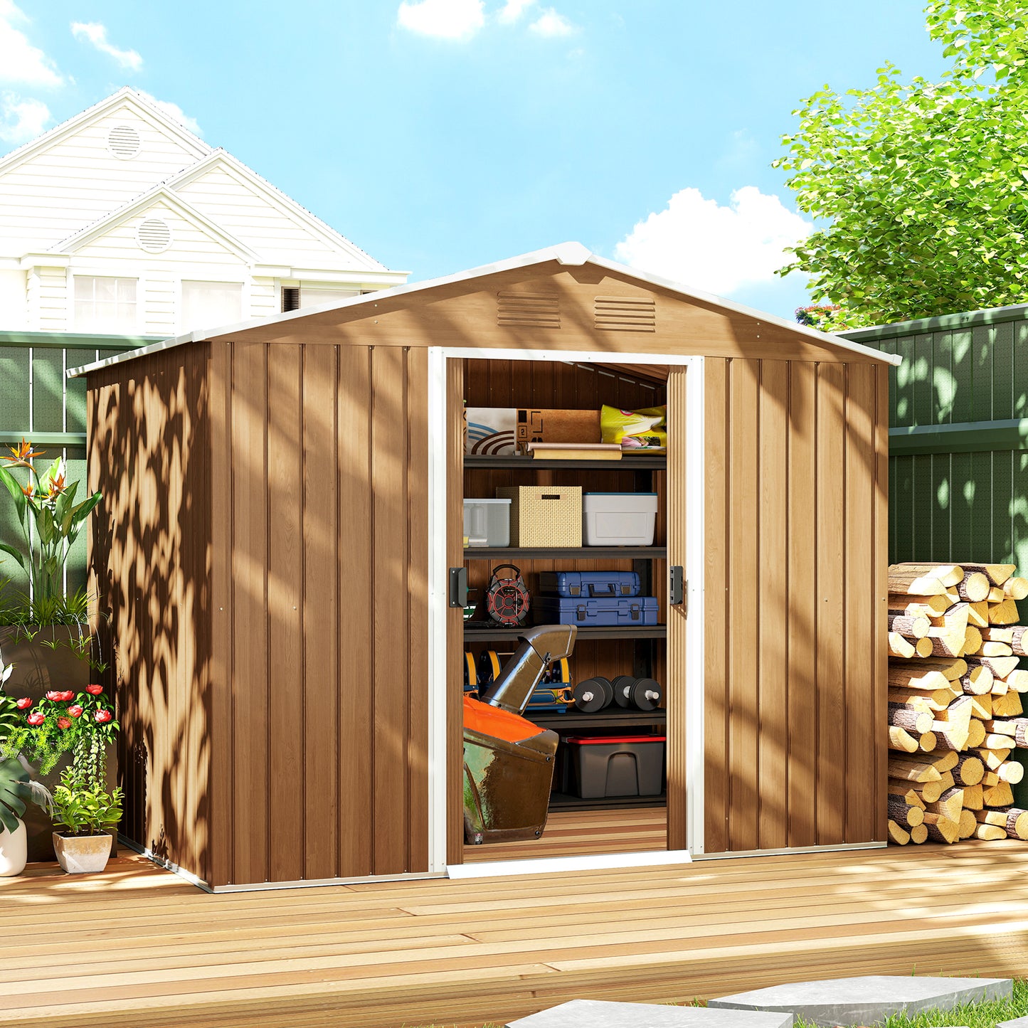 Outsunny 8x6ft Galvanised Steel Shed With Double Doors Brown Garden Tool Storage Weatherproof