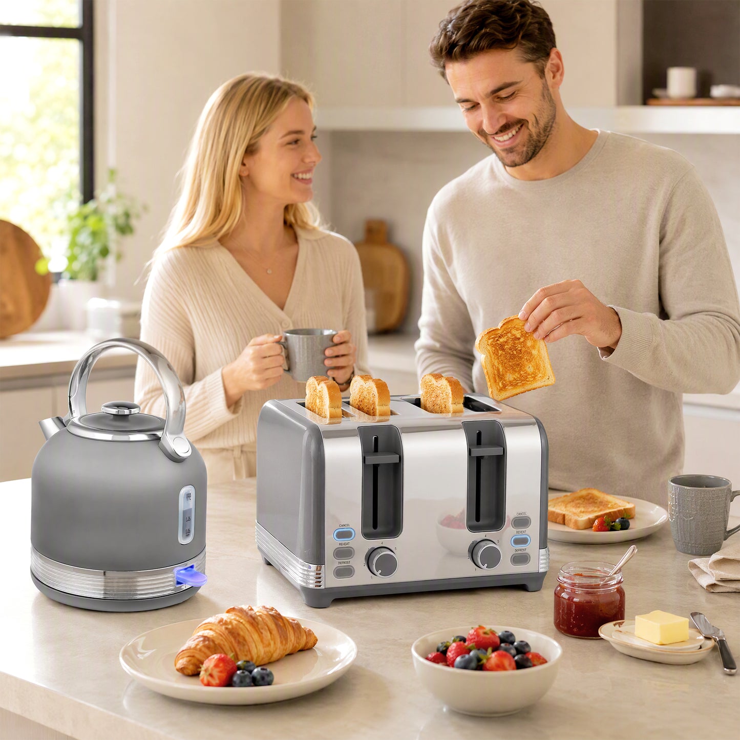 HOMCOM Grey Kettle And Toaster Set 1.7L Fast Boil 3000W 4 Slice Cordless Stainless