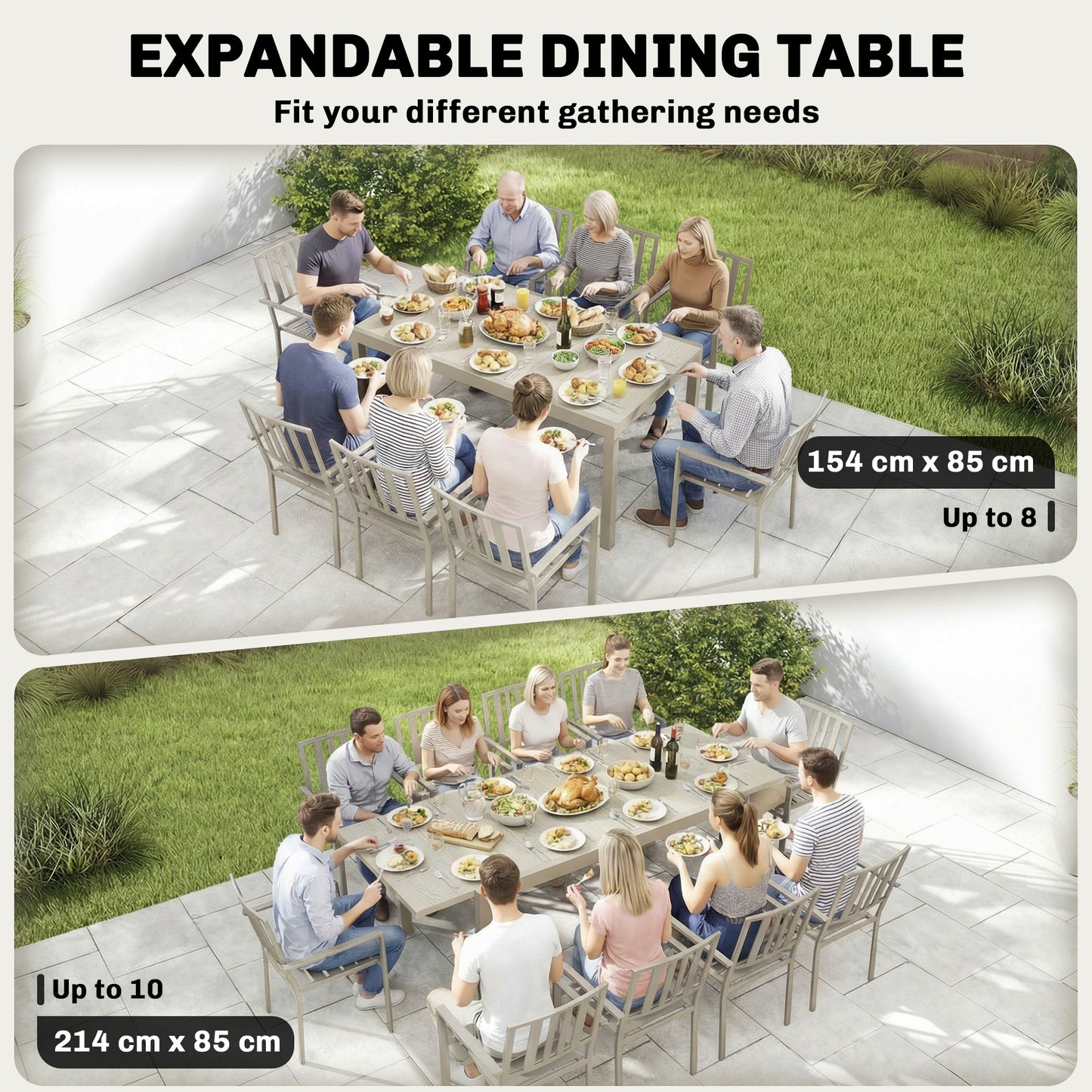 Outsunny Extending Garden Table Aluminium Outdoor Dining For 8 To 10 People With Wood Like Surface Light Grey