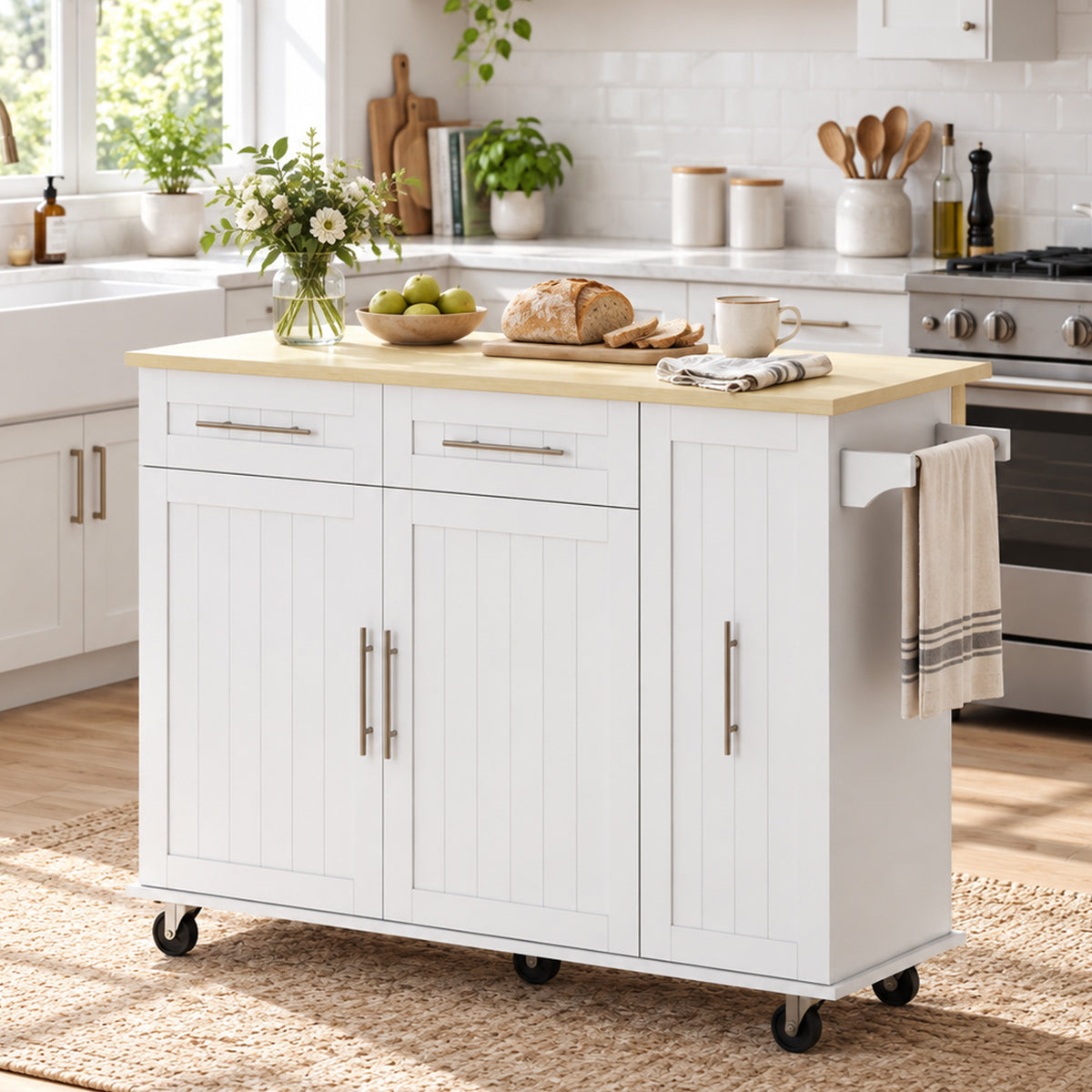 White rolling kitchen island cart with wooden top, drawers, and side cabinet doors