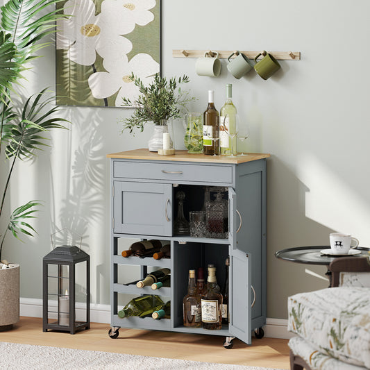HOMCOM Modern Kitchen Trolley Rolling Island Storage Cart With Drawer 9 Bottle Wine Rack And Door Cabinets Grey