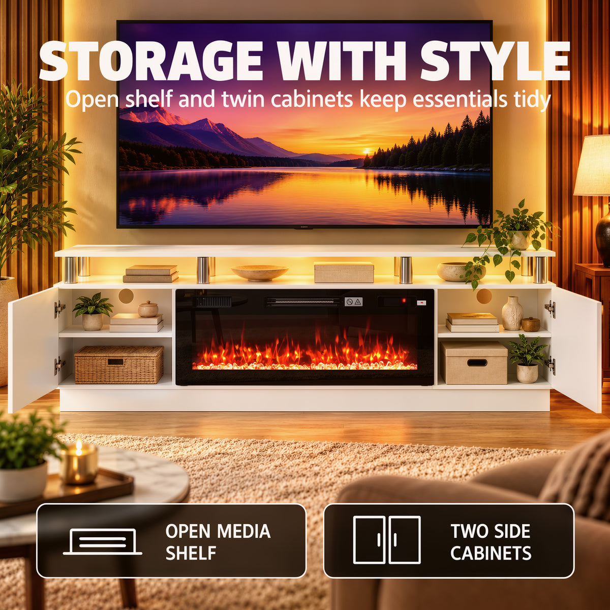 White electric fireplace TV stand with open media shelf and twin side cabinets, flame window