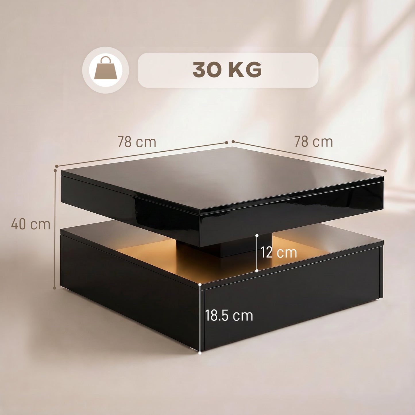 HOMCOM LED Coffee Table with Storage 2 Tier Modern Centre Table Open Shelf RGB LED Remote Lighting High Gloss Black