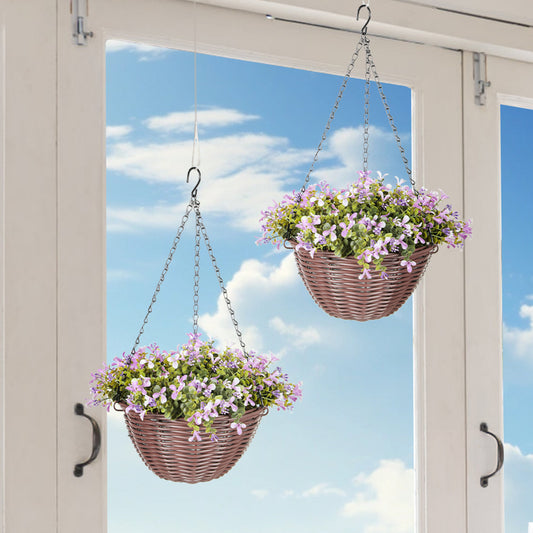 HOMCOM Set of 2 Purple Artificial Hanging Baskets with Lush Leaves and Flowers for Home and Office Decor