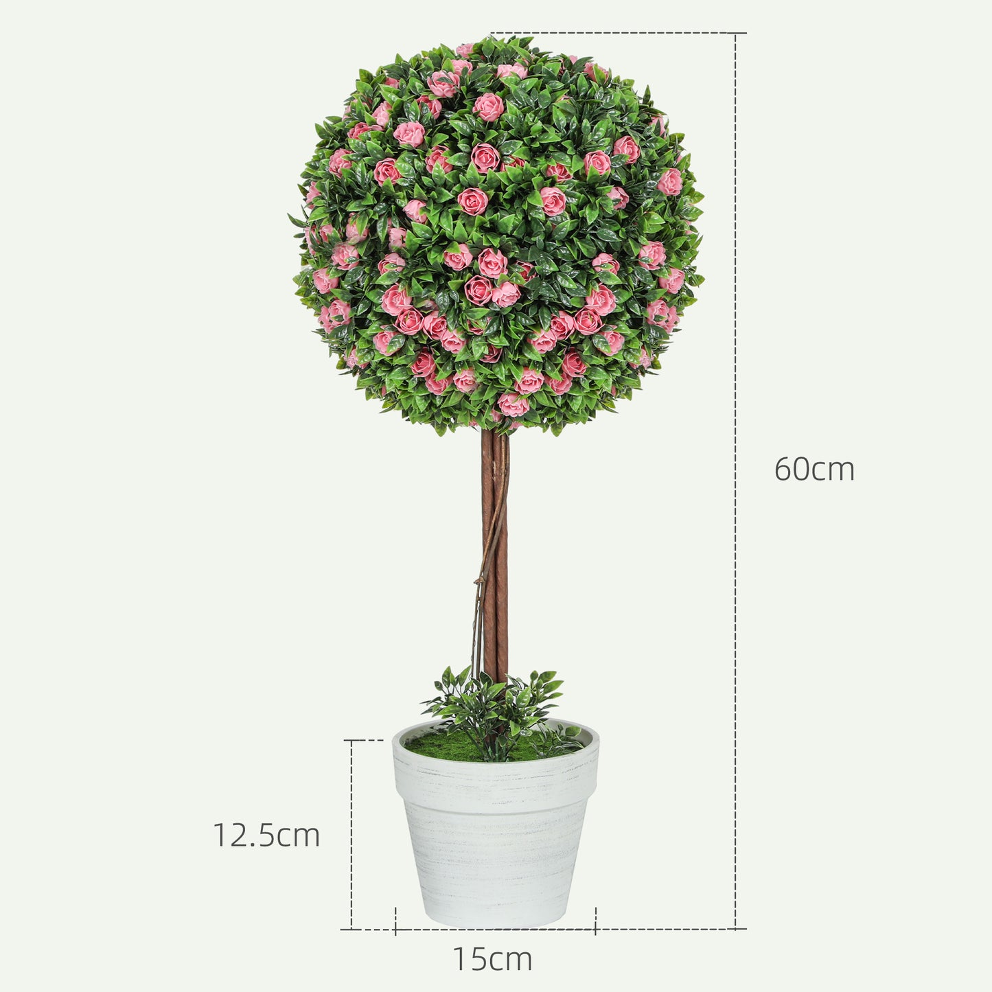 HOMCOM Set of 2 Decorative Artificial Plants Ball Topiary Tree with Rose Flowers in Pot Pink 60cm UV Resistant