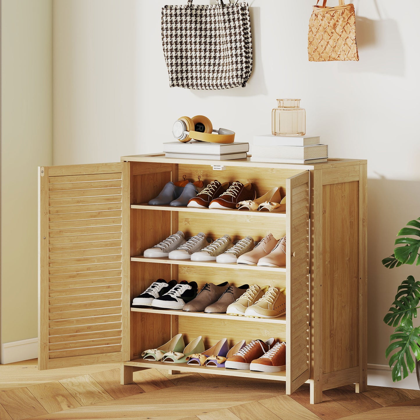 HOMCOM Bamboo Shoe Cabinet With Louvered Doors 14 Pairs Storage Adjustable Shelves For Hallway Natural Finish