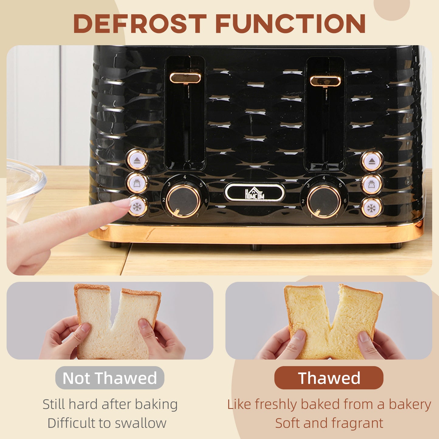 HOMCOM Four Slice Rippled Toaster Black With Seven Toasting Levels And Automatic Centering For Even Toasting
