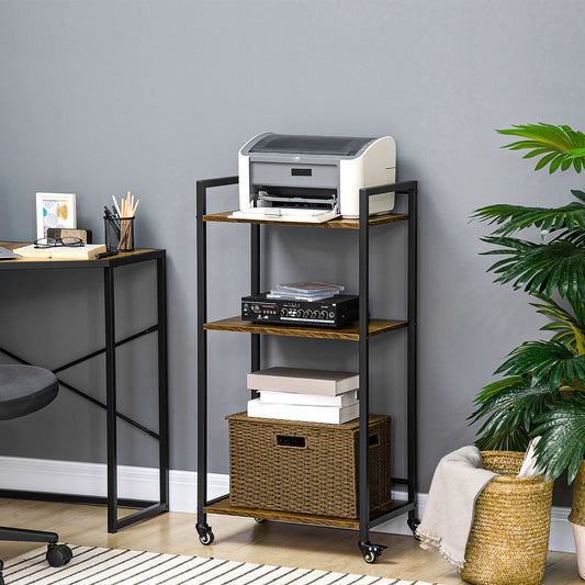 HOMCOM 3 Tier Printer Stand Utility Cart Rolling Trolley With Adjustable Shelves Lockable Wheels Rustic Brown
