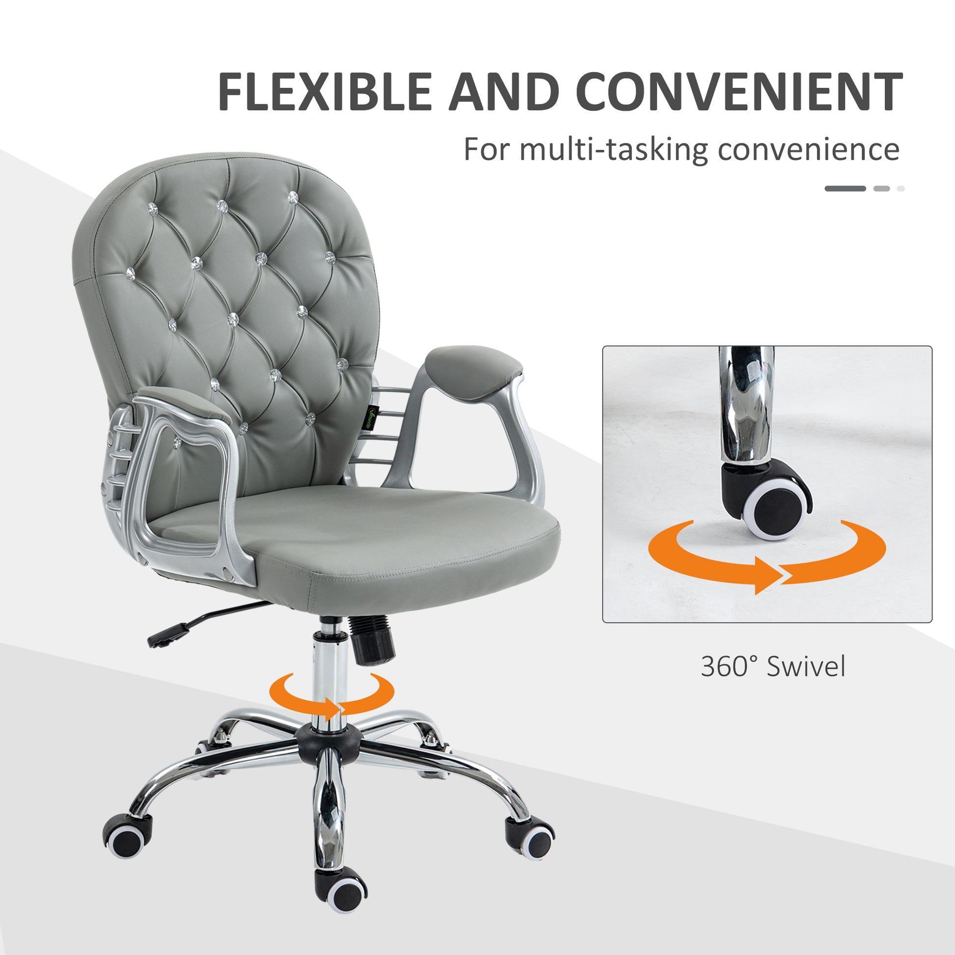 Vinsetto Glamorous Grey Ergonomic Office Chair with 360° Swivel and Diamante Detailing - ALL4U RETAILER LTD