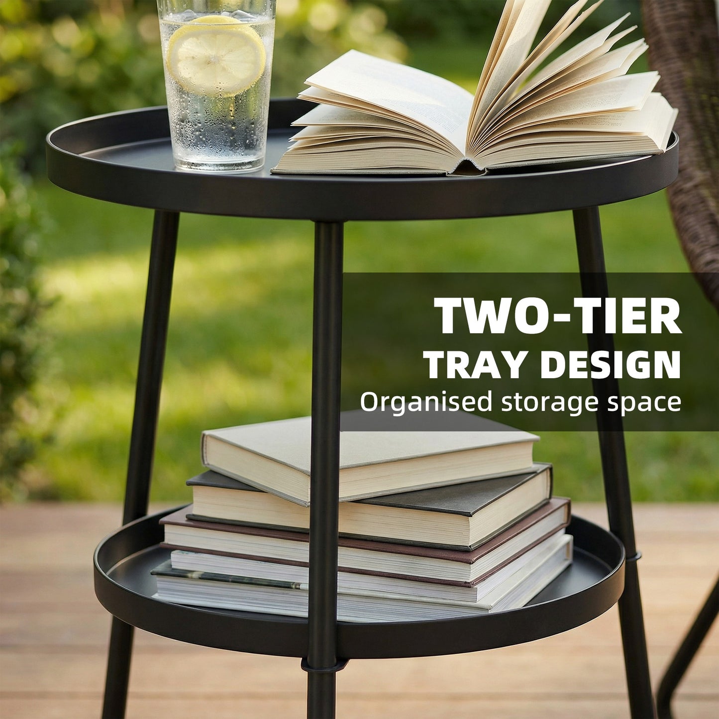 Outsunny 2 Tier Round Patio Side Table With Adjustable Feet For Garden Balcony Living Room Bedroom Black