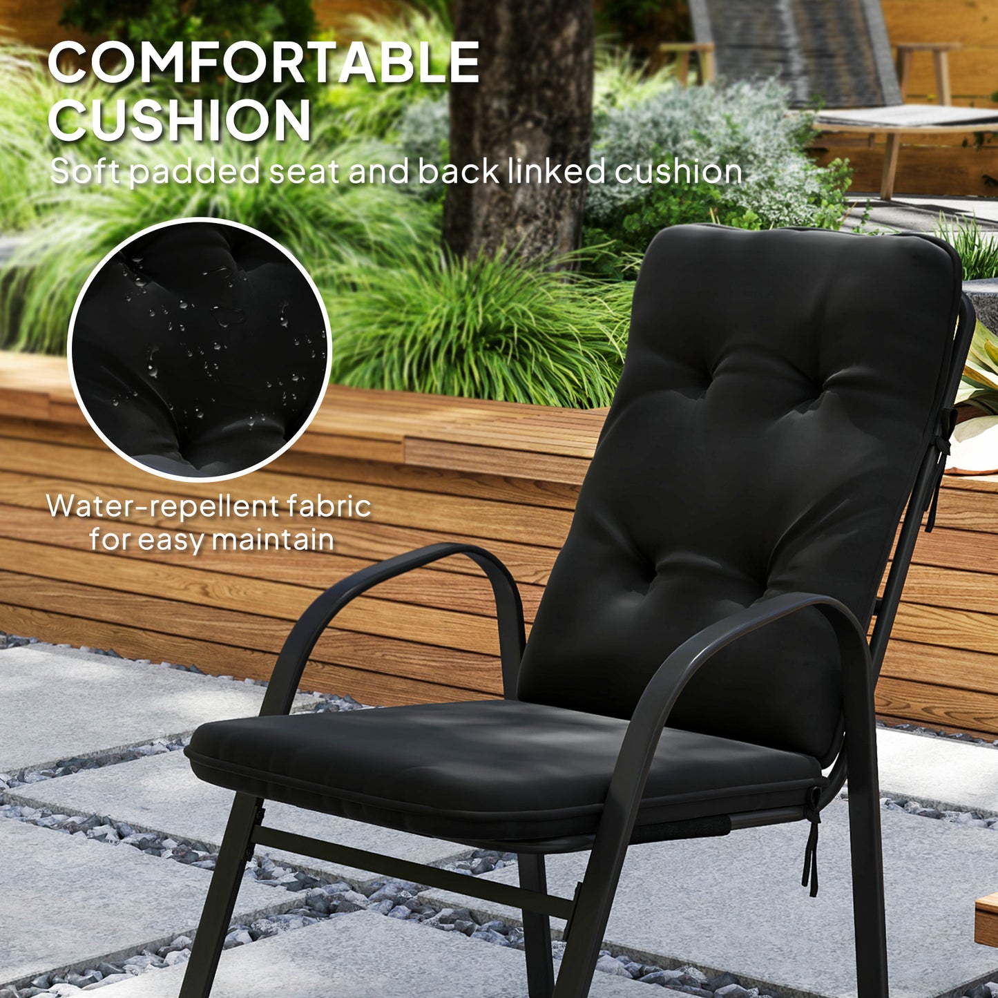 Outsunny Seven Piece Garden Dining Set With Cushions Black Steel Frame And Tempered Glass Table