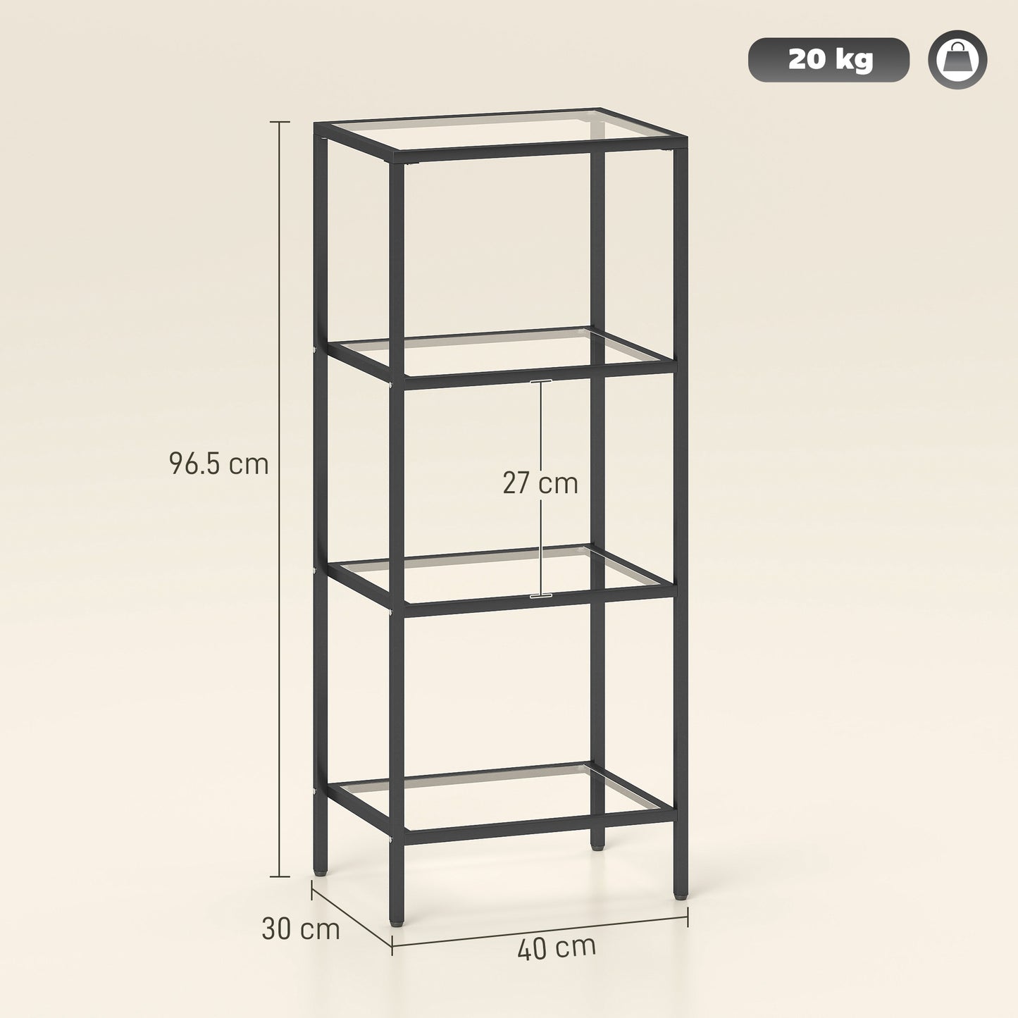HOMCOM 4-Tier Glass Shelving Unit Vertical Storage For Living Room Home Office Bedroom Bathroom Black