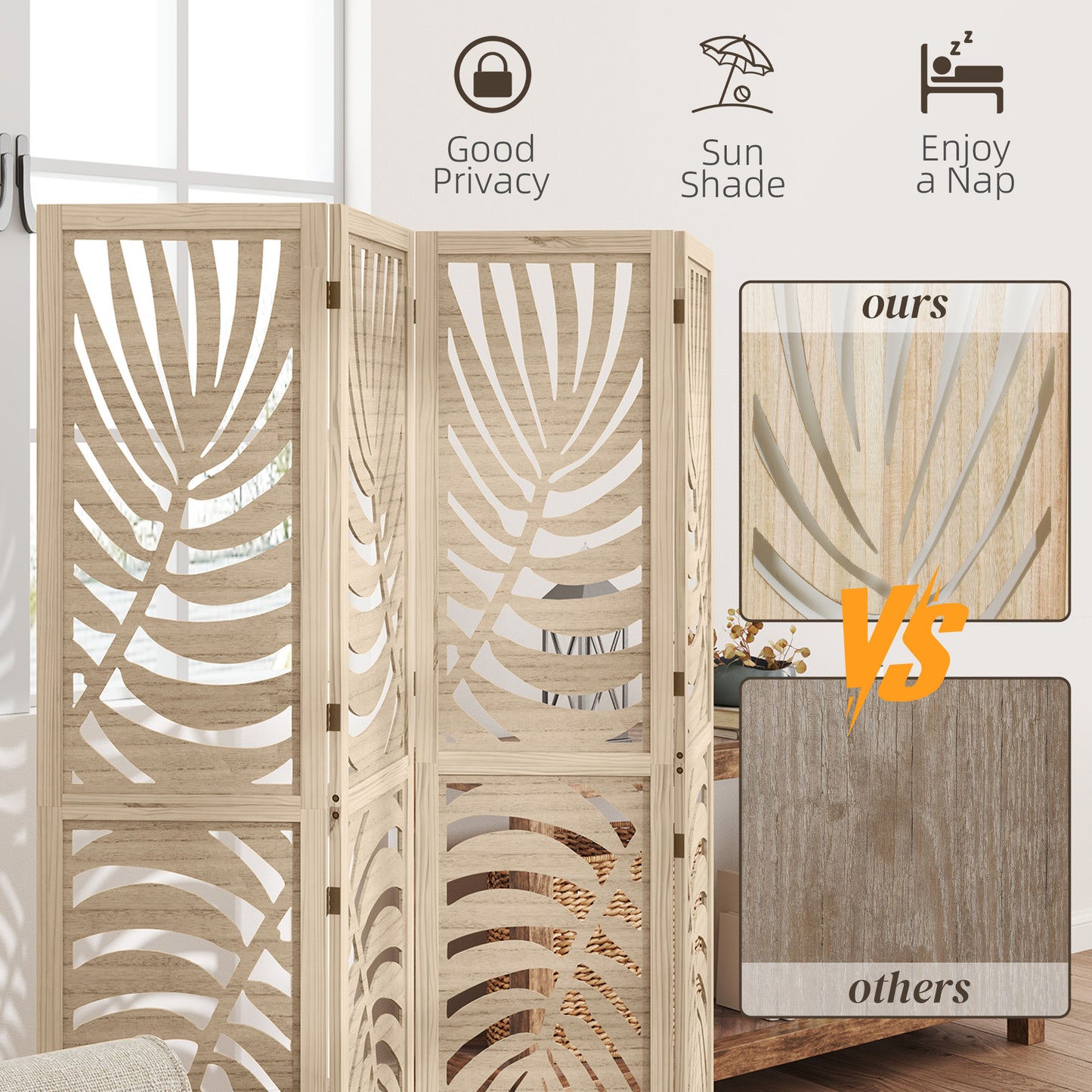 HOMCOM 4 Panel Privacy Screen Folding Room Divider Detachable Palm Leaf Design Natural Wood Finish For Home Office