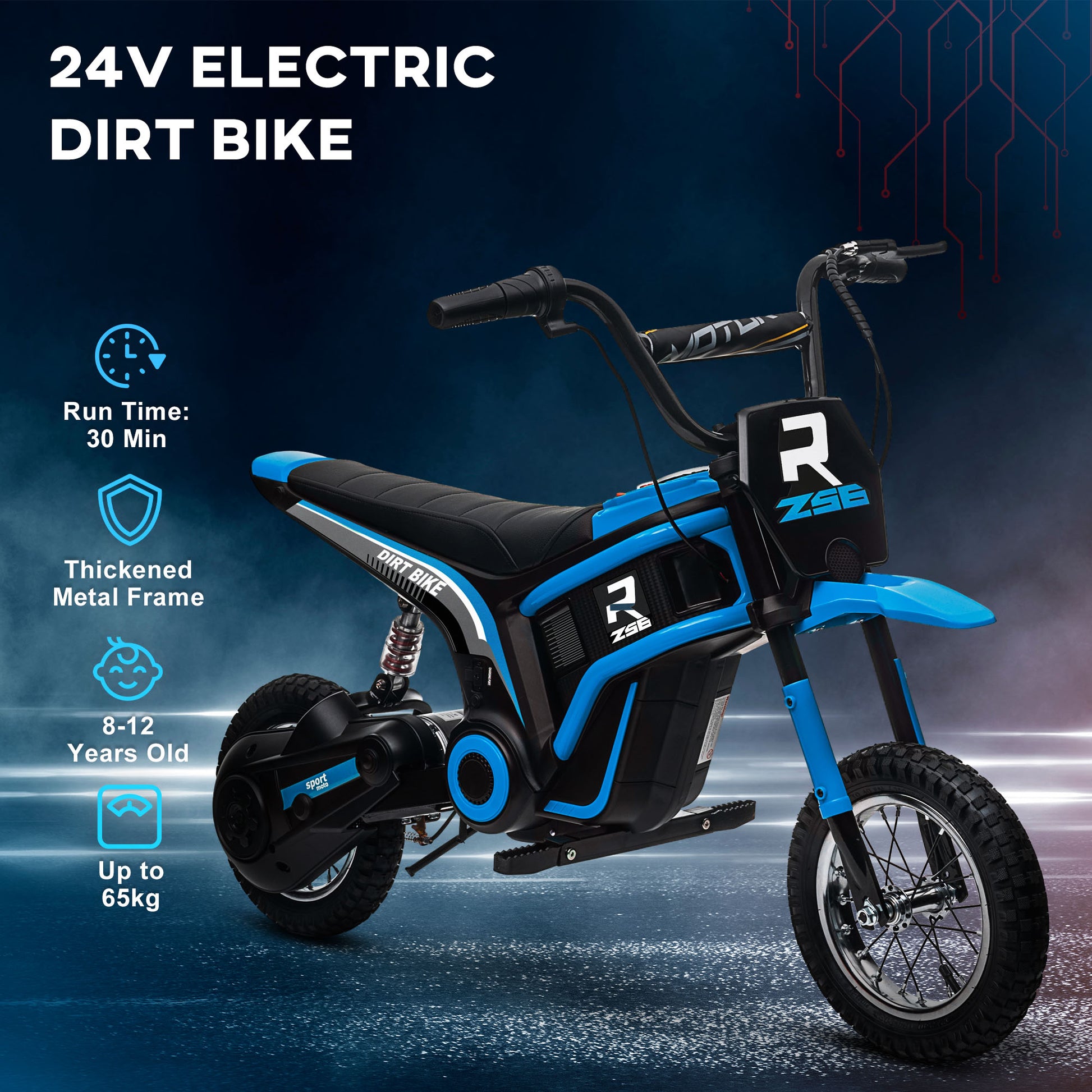 HOMCOM 24V Kids Electric Motorcycle with Twist Throttle, Music & Horn - Blue, 12" Pneumatic Tires, Max Speed 16km/h - ALL4U RETAILER LTD