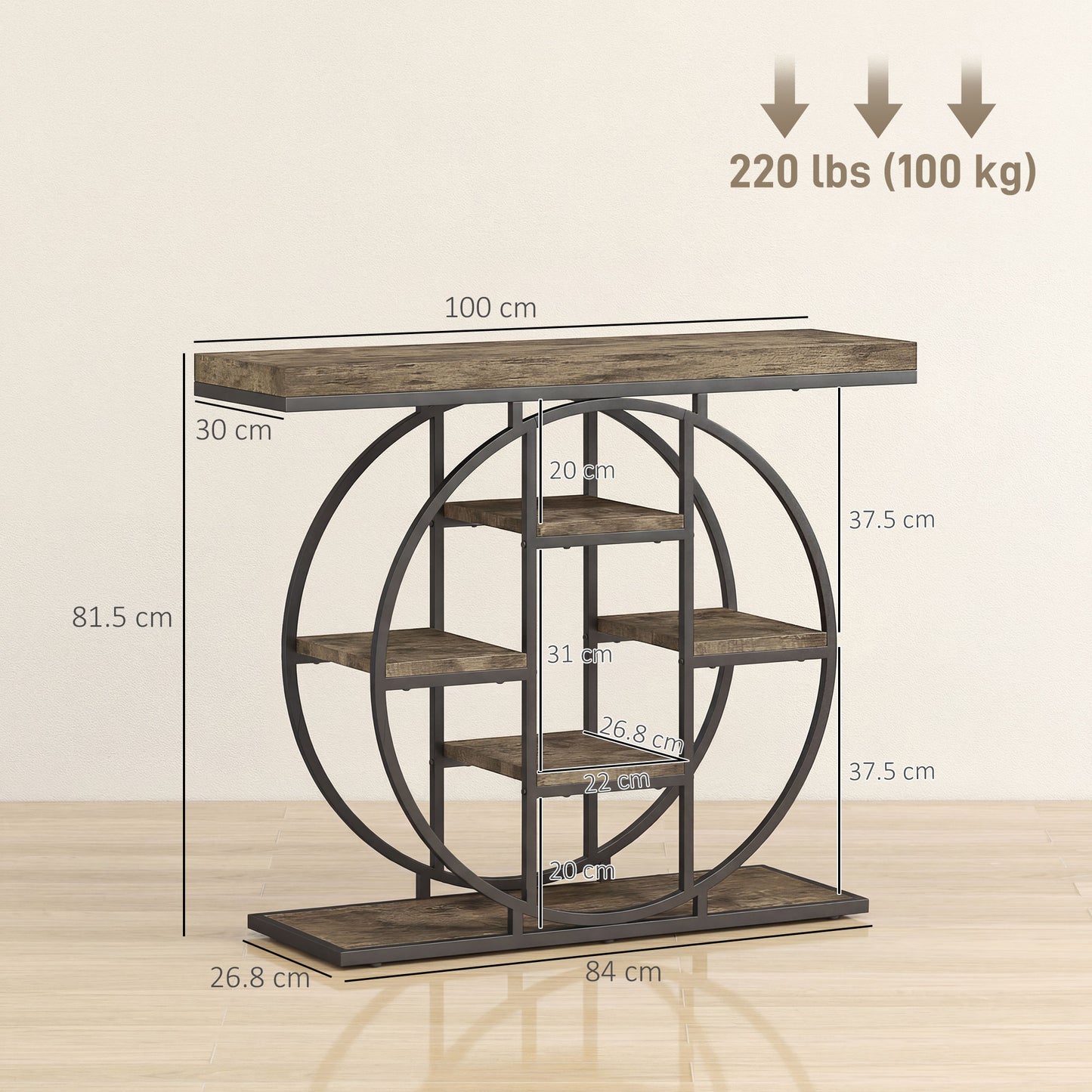 HOMCOM Industrial Console Table With Storage Shelves For Entryway Rustic Brown Vintage Style Thick Tabletop