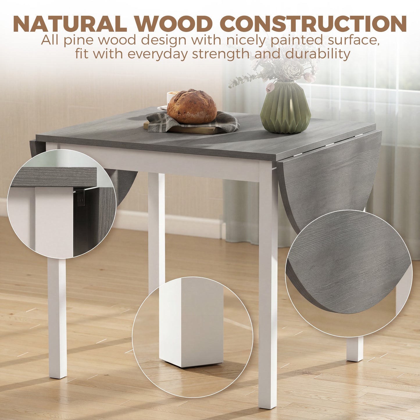 HOMCOM 4 To 6 Person Wooden Drop Leaf Dining Table Grey Finish Extendable Space Saving
