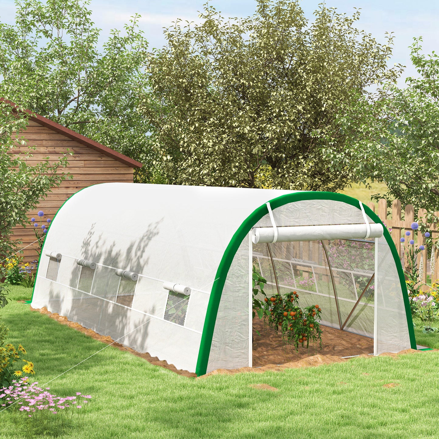 Outsunny Walk In Polytunnel Greenhouse 6 x 3 m With Zipped Doors 8 Mesh Windows PE Cover White