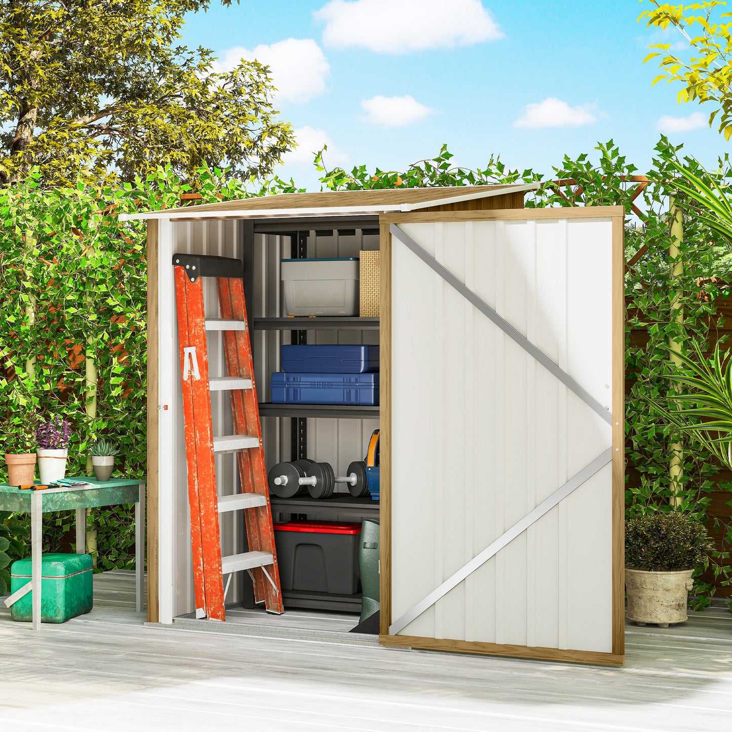 Outsunny Lean To Steel Garden Shed 3.3 By 3.4 Ft With Locking Door Light Brown Wood Effect And White