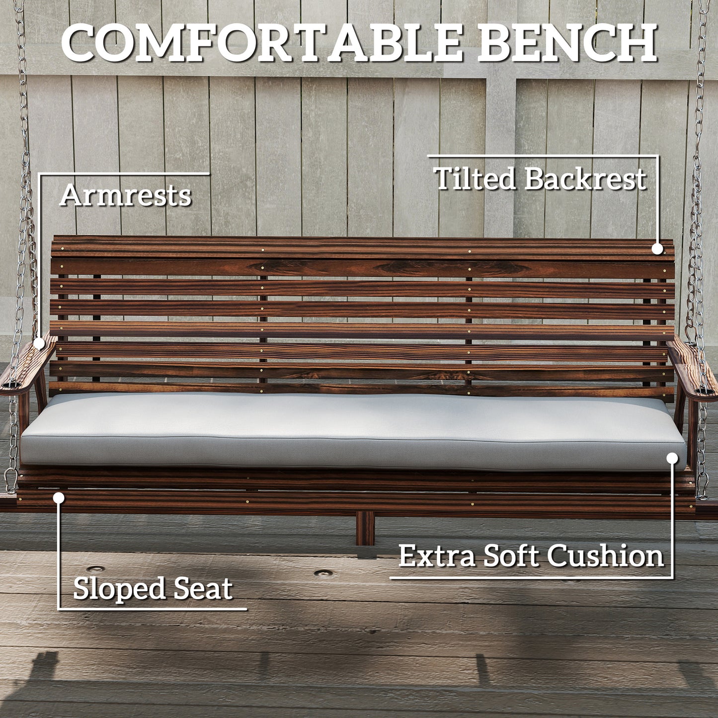 Outsunny 3 Seater Garden Swing Chair Bench With Cushion Side Trays Metal Chains Outdoor Porch Patio Carbonised Brown