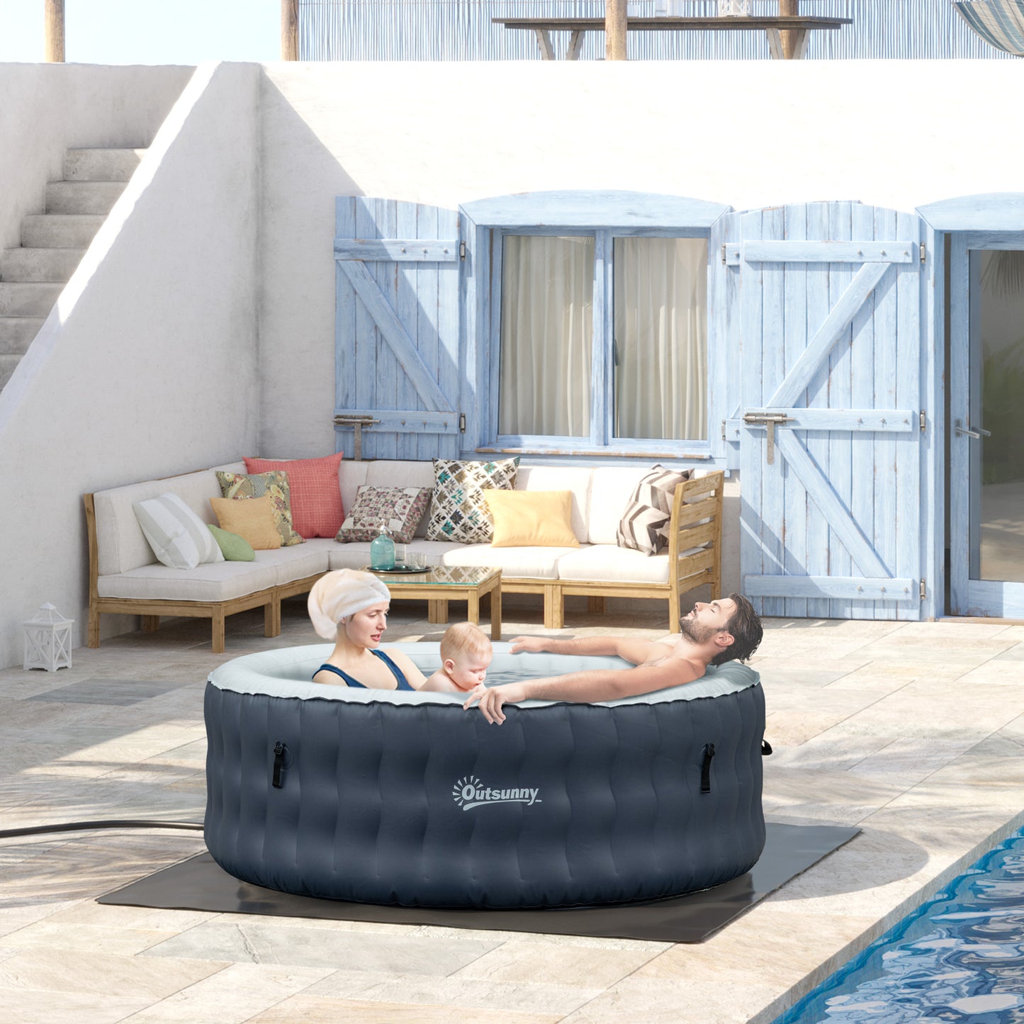 Outsunny Inflatable Dark Blue 4-Person Round Hot Tub Spa with Pump, Cover, and Filter Cartridges - ALL4U RETAILER LTD