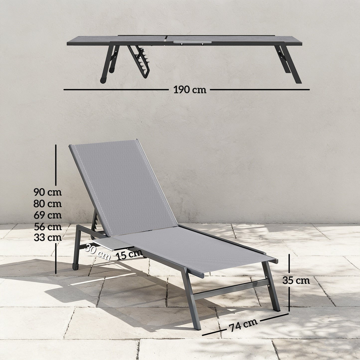 Outsunny Sun Loungers Set Of 2 With Side Tray Table Garden Recliners With 5 Position Adjustable Backrest 2 Wheels Grey