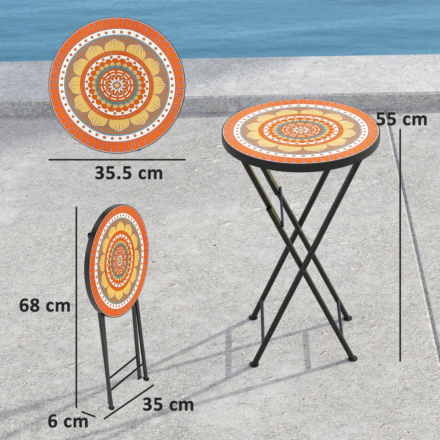 Outsunny Mosaic Outdoor Garden Table 35.5cm Round Folding Coffee Table With Metal Frame For Balcony Terrace Orange