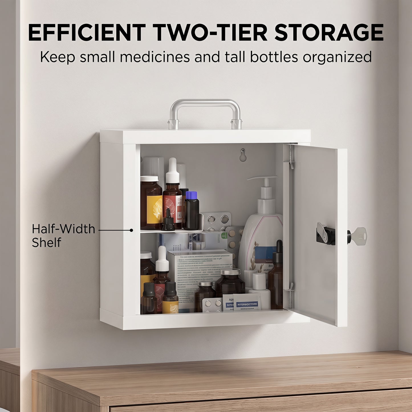 HOMCOM Wall Mount Medicine Cabinet with Dual Lock and Key 2 Tier Stainless Steel First Aid Organizer White