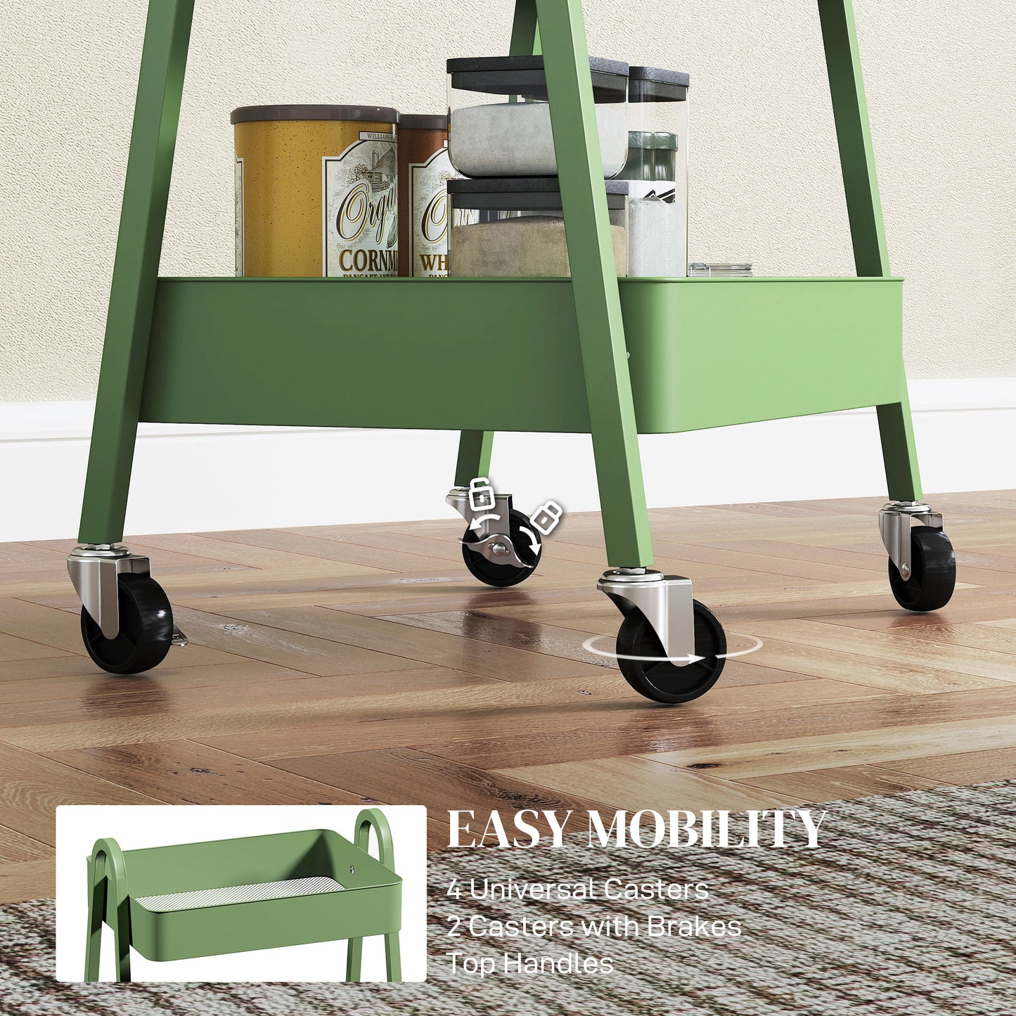 HOMCOM Three Tier Storage Trolley On Wheels With Mesh Trays Four Wheels And Brakes Green