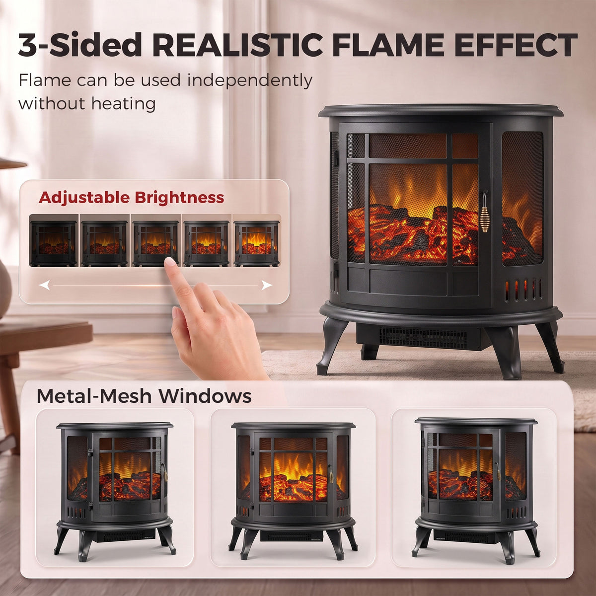 Freestanding Electric Fireplace Stove With Adjustable LED Flames 2000W